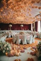 Casamento banquete mesa decorado com flores e toalha de mesa, ai generativo foto