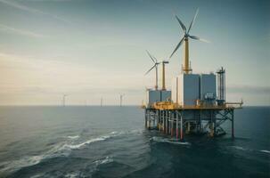 no mar óleo e gás Produção petróleo gasoduto e vento turbina dentro a mar, ai generativo foto