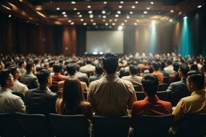 o negócio e empreendedorismo simpósio. alto falante dando uma conversa às o negócio reunião. público dentro conferência corredor.ai generativo foto