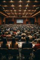 o negócio e empreendedorismo simpósio. alto falante dando uma conversa às o negócio reunião. público dentro conferência corredor.ai generativo foto