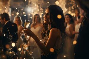 grupo do amigos desfrutando vinho às noite às uma festa, ai generativo foto