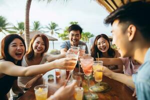 grupo do feliz amigos desfrutando coquetéis às de praia festa viagem e verão período de férias conceito. ai generativo foto