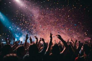 multidão torcendo às uma música festival e confete vôo dentro a ar. ai generativo foto