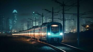 trem corrida através lindo noite paisagem urbana com borrado fundo. criada com generativo ai foto