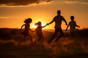 alegre pôr do sol corre com pai e crianças. generativo ai foto