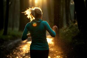 fêmea trilha corredor corrida em floresta caminho com bokeh luzes e laranja brilho. generativo ai foto