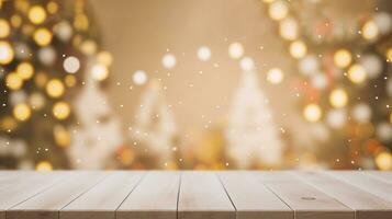 esvaziar Woooden mesa topo caloroso com vivo quarto decoração com Natal árvore luzes. criada com generativo ai foto