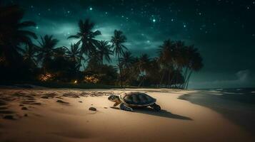período noturno andar com mar tartaruga e coco árvore em a de praia. criada com generativo ai foto