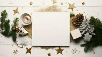 Natal decoração e em branco cartão em branco de madeira mesa - espaço para texto. criada com generativo ai foto