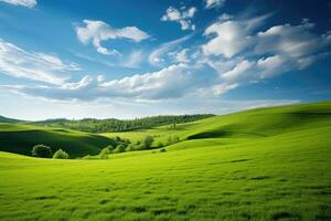 lindo Primavera panorama com verde campo e azul céu. natureza composição, montanhoso verde panorama Visão com verde Relva e lindo céu, ai gerado foto