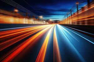 abstrato movimento borrão do carro em a estrada dentro cidade às noite, Alto Rapidez estrada com movimento borrão para crio visão do velozes Rapidez transferir, ai gerado foto