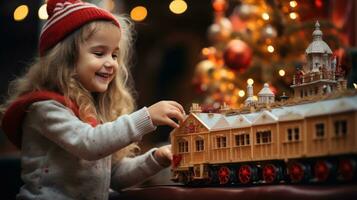 criança tocam com brinquedo trem sentado ubder christma árvore foto