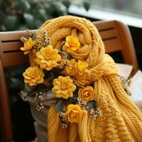 brilhante e alegre amarelo flores dentro uma acolhedor tricotar cachecol foto