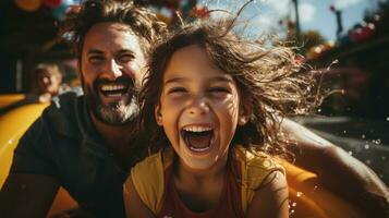 rindo família tendo Diversão enquanto equitação em uma banana barco foto