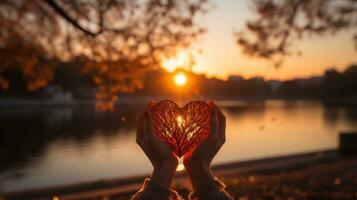 silhueta do mãos formando coração forma com pôr do sol backround foto