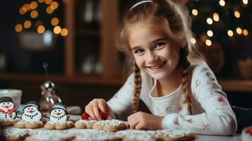 fofa pequeno menina excitadamente decoração boneco de neve biscoitos com geada foto