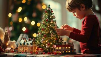 criança tocam com brinquedo trem sentado ubder christma árvore foto
