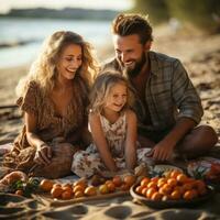 alegre família desfrutando uma piquenique em a arenoso costa foto