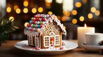 festivo Pão de gengibre casa com doce bengalas e gelo decorações foto