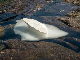 impressionante gelo floe derrete em uma montanha lago. branco iceberg em a azul água. natural fundo. foto