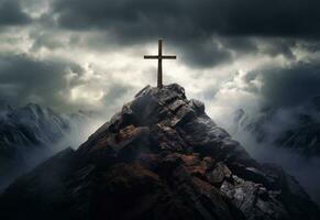 ai generativo uma deslumbrante panorama silhueta com uma crucifixo às Está Centro, simbolizando a ressurreição do Jesus e a cristão fé. a lindo montanha cenário, a vibrante céu. foto