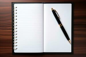 em branco caderno com branco folhas e caneta em uma de madeira mesa. o negócio conceito. gerado de artificial inteligência foto