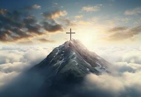 ai generativo uma deslumbrante panorama silhueta com uma crucifixo às Está Centro, simbolizando a ressurreição do Jesus e a cristão fé. a lindo montanha cenário, a vibrante céu. foto