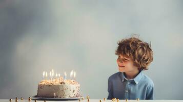 pequeno Garoto e aniversário bolo com velas foto