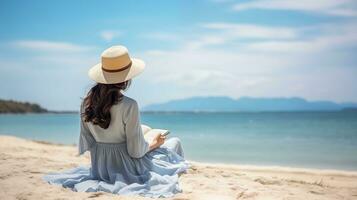 jovem mulher sentado em a de praia e lendo uma livro. viagem e feriado conceito. generativo ai. foto