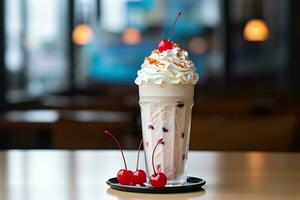 uma vidro do saboroso milkshake e cereja em a mesa. generativo ai. foto