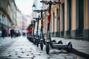 elétrico patinetes em cidade rua. eco transporte. ai gerado. foto