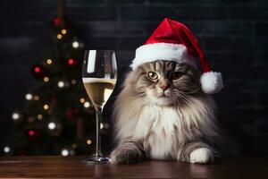 engraçado gato dentro santa claus chapéu com uma vidro do champanhe perto Natal árvore. Natal e Novo ano. ai gerado. foto