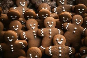 Pão de gengibre homens caseiro biscoitos, fechar acima visualizar. Natal pastelaria. ai gerado. foto