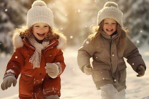 dois feliz pequeno meninas corrida e jogando lado de fora em uma inverno dia. ai gerado. foto