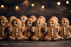 Pão de gengibre homens caseiro biscoitos em pé em festivo fundo. Natal pastelaria. ai gerado. foto