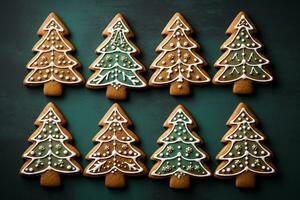 Pão de gengibre Natal árvores caseiro biscoitos em verde fundo. inverno feriados pastelaria. topo visualizar. ai gerado. foto