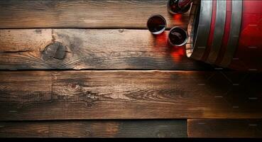 vinho e velho barril do vermelho vinho. em uma de madeira fundo. generativo ai foto