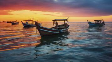 tradicional barcos flutuando em água às pôr do sol dentro frente do Beira Mar. generativo ai foto