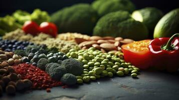 sustentável dieta escolhas, apresentando orgânico legumes e à base de plantas proteínas. generativo ai foto