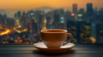 café copo e cidade Horizonte unir às nascer do sol. generativo ai foto