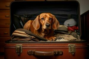 paciente cachorro sentar às aberto mala. período de férias viagem foto