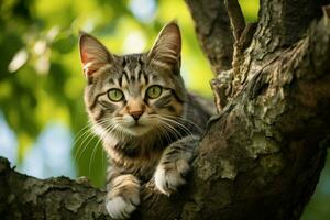 gracioso gato em árvore ramo. gerar ai foto