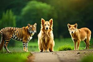 três cachorros e uma tigre em pé em uma estrada. gerado por IA foto