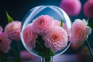 Rosa flores dentro uma vidro vaso. gerado por IA foto
