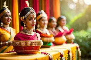 indiano mulheres dentro tradicional vestuário às uma casamento. gerado por IA foto