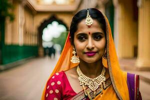 uma lindo indiano mulher dentro tradicional roupas. gerado por IA foto