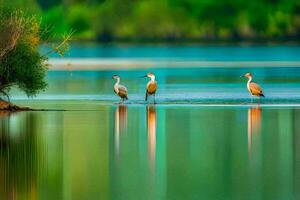 três pássaros em pé em a costa do uma lago. gerado por IA foto