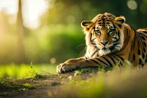 uma tigre é deitado em a terra dentro a grama. gerado por IA foto