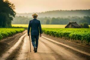 uma homem dentro uma terno e chapéu caminhando baixa uma sujeira estrada. gerado por IA foto