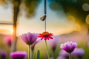 uma borboleta é suspensão a partir de uma corda dentro frente do roxa flores gerado por IA foto
